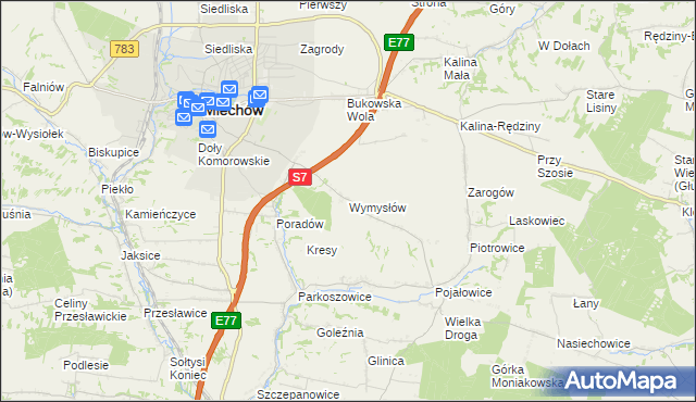 mapa Wymysłów gmina Miechów, Wymysłów gmina Miechów na mapie Targeo
