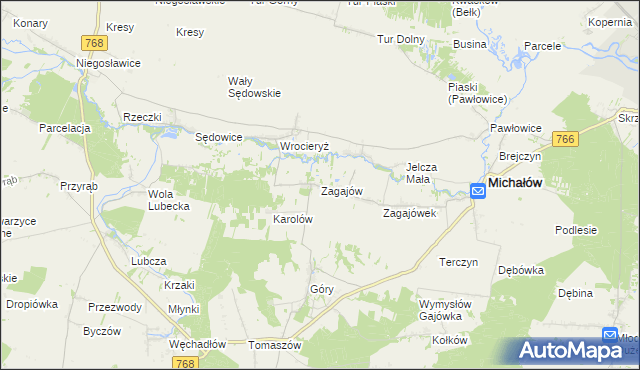 mapa Zagajów gmina Michałów, Zagajów gmina Michałów na mapie Targeo