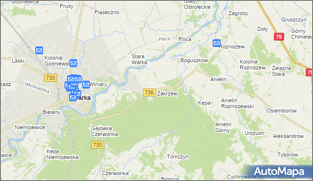 mapa Zakrzew gmina Grabów nad Pilicą, Zakrzew gmina Grabów nad Pilicą na mapie Targeo