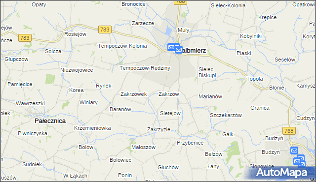 mapa Zakrzów gmina Skalbmierz, Zakrzów gmina Skalbmierz na mapie Targeo