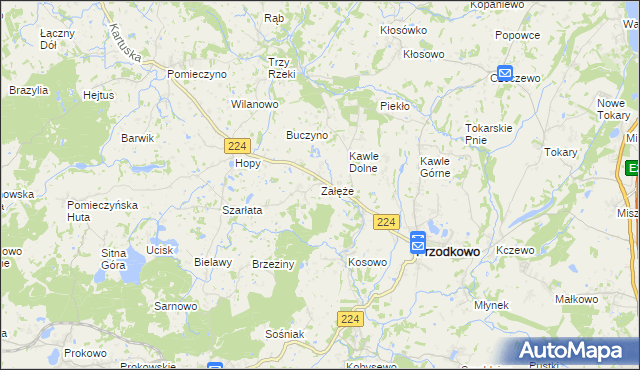 mapa Załęże gmina Przodkowo, Załęże gmina Przodkowo na mapie Targeo