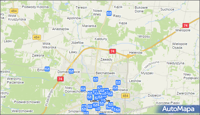 mapa Zawady gmina Bełchatów, Zawady gmina Bełchatów na mapie Targeo