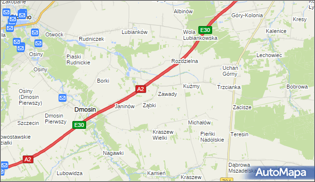 mapa Zawady gmina Dmosin, Zawady gmina Dmosin na mapie Targeo