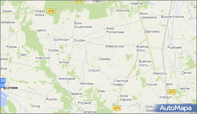 mapa Zawady gmina Zadzim, Zawady gmina Zadzim na mapie Targeo