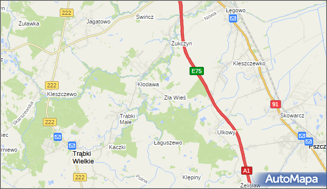 mapa Zła Wieś gmina Trąbki Wielkie, Zła Wieś gmina Trąbki Wielkie na mapie Targeo
