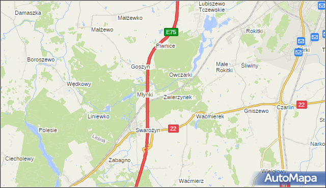 mapa Zwierzynek gmina Tczew, Zwierzynek gmina Tczew na mapie Targeo
