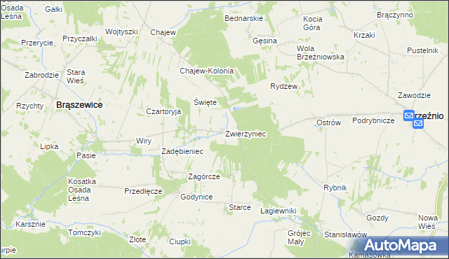 mapa Zwierzyniec gmina Brąszewice, Zwierzyniec gmina Brąszewice na mapie Targeo