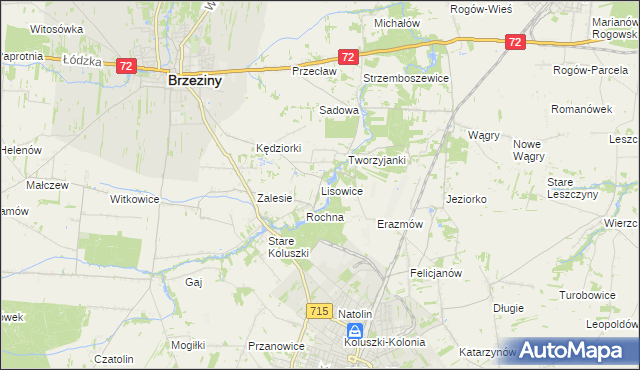 mapa Lisowice gmina Koluszki, Lisowice gmina Koluszki na mapie Targeo