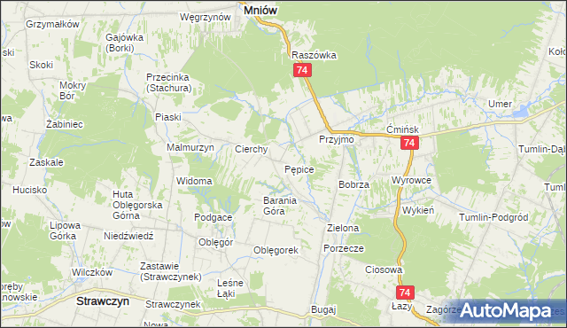 mapa Pępice gmina Mniów, Pępice gmina Mniów na mapie Targeo