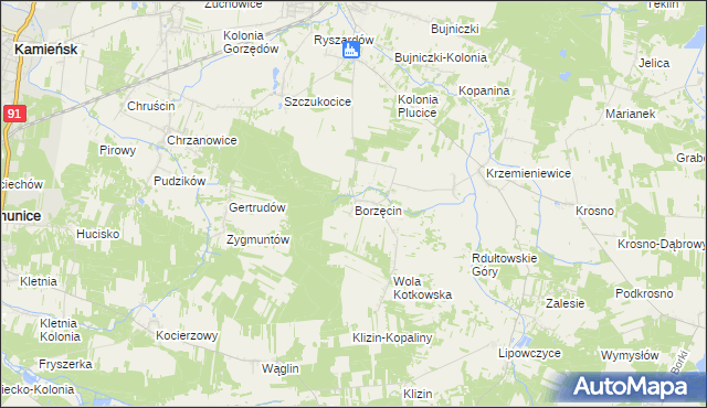 mapa Borzęcin gmina Gorzkowice, Borzęcin gmina Gorzkowice na mapie Targeo