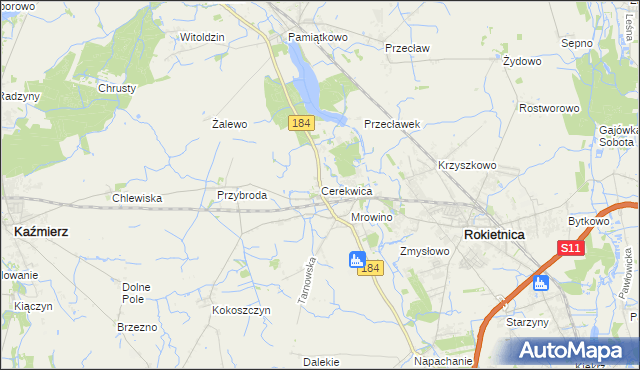 mapa Cerekwica gmina Rokietnica, Cerekwica gmina Rokietnica na mapie Targeo