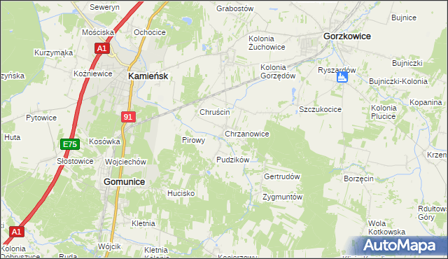 mapa Chrzanowice gmina Gomunice, Chrzanowice gmina Gomunice na mapie Targeo