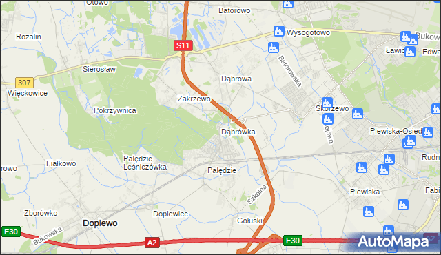 mapa Dąbrówka gmina Dopiewo, Dąbrówka gmina Dopiewo na mapie Targeo