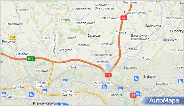 mapa Dziekanowice gmina Zielonki, Dziekanowice gmina Zielonki na mapie Targeo