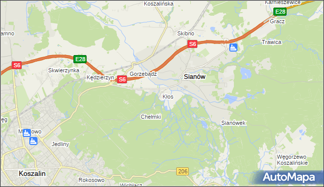 mapa Kłos gmina Sianów, Kłos gmina Sianów na mapie Targeo