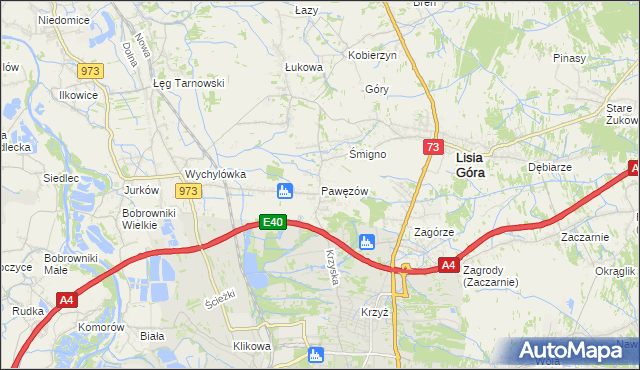 mapa Pawęzów gmina Lisia Góra, Pawęzów gmina Lisia Góra na mapie Targeo