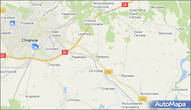 mapa Pawłowo gmina Chojnice, Pawłowo gmina Chojnice na mapie Targeo
