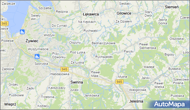 mapa Rychwałdek, Rychwałdek na mapie Targeo