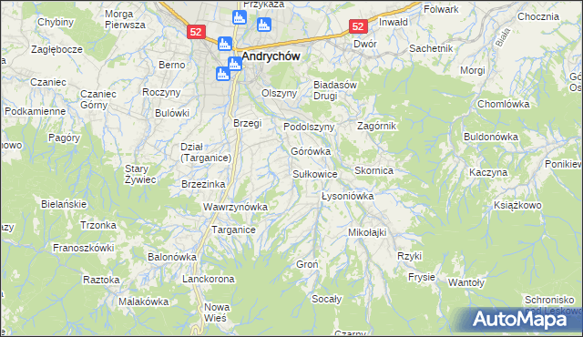 mapa Sułkowice gmina Andrychów, Sułkowice gmina Andrychów na mapie Targeo