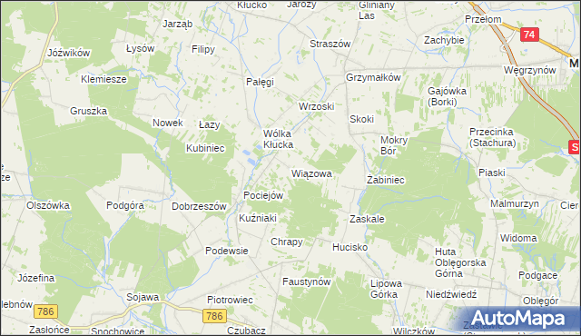 mapa Wiązowa gmina Mniów, Wiązowa gmina Mniów na mapie Targeo