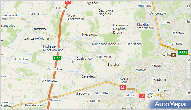 mapa Milejowice gmina Zakrzew, Milejowice gmina Zakrzew na mapie Targeo