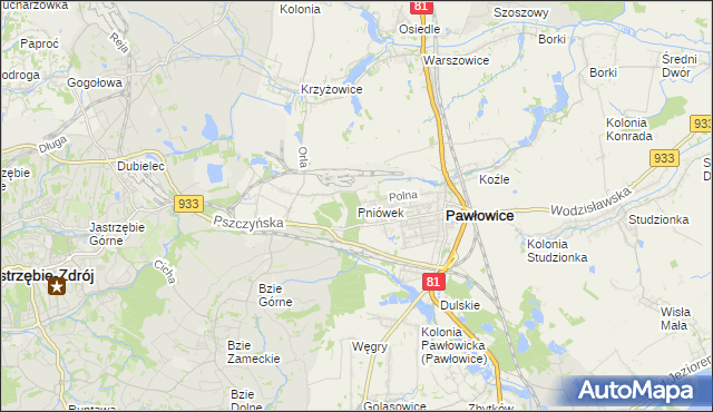 mapa Pniówek gmina Pawłowice, Pniówek gmina Pawłowice na mapie Targeo