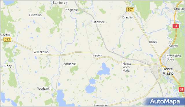 mapa Łęgno gmina Dobre Miasto, Łęgno gmina Dobre Miasto na mapie Targeo