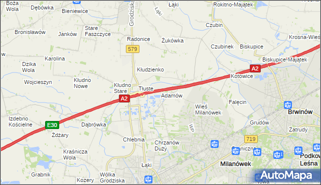 mapa Adamów gmina Grodzisk Mazowiecki, Adamów gmina Grodzisk Mazowiecki na mapie Targeo