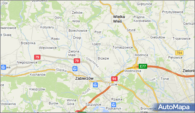 mapa Brzezie gmina Zabierzów, Brzezie gmina Zabierzów na mapie Targeo