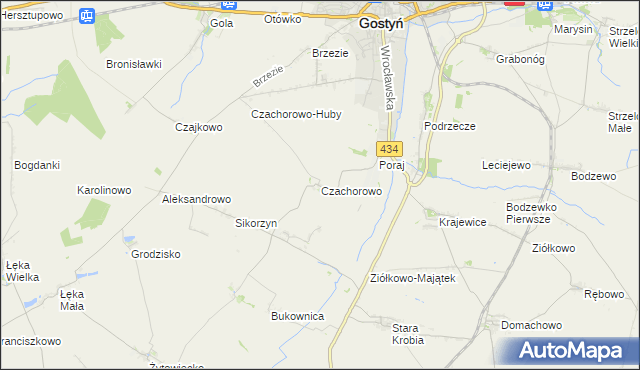 mapa Czachorowo gmina Gostyń, Czachorowo gmina Gostyń na mapie Targeo