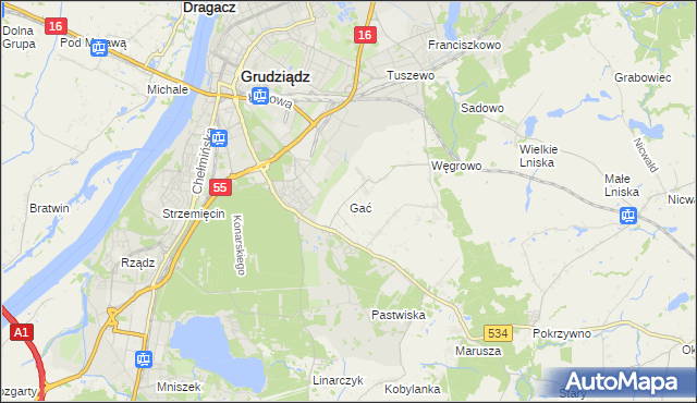 mapa Gać gmina Grudziądz, Gać gmina Grudziądz na mapie Targeo