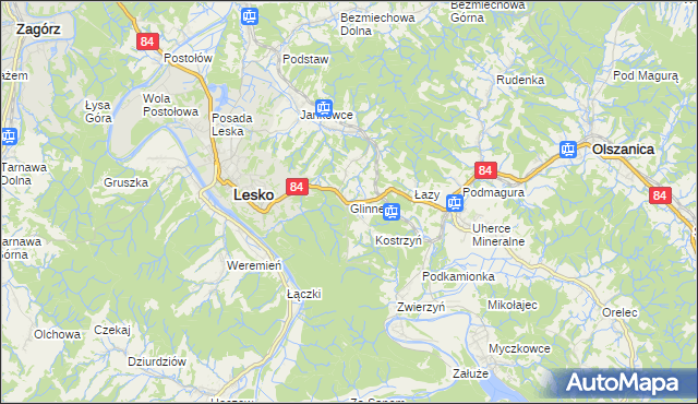 mapa Glinne gmina Lesko, Glinne gmina Lesko na mapie Targeo