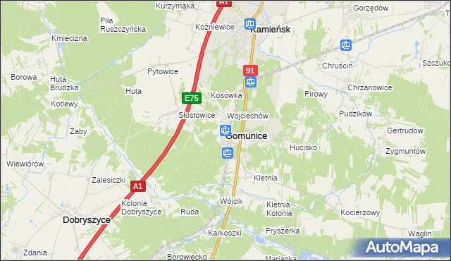 mapa Gomunice, Gomunice na mapie Targeo