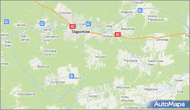 mapa Hucisko gmina Stąporków, Hucisko gmina Stąporków na mapie Targeo