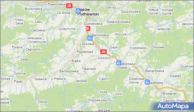 mapa Juszczyn gmina Maków Podhalański, Juszczyn gmina Maków Podhalański na mapie Targeo