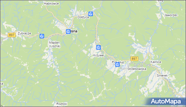 mapa Krzywe gmina Cisna, Krzywe gmina Cisna na mapie Targeo