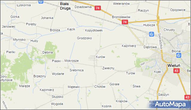 mapa Kurów gmina Wieluń, Kurów gmina Wieluń na mapie Targeo