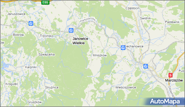 mapa Mniszków gmina Janowice Wielkie, Mniszków gmina Janowice Wielkie na mapie Targeo