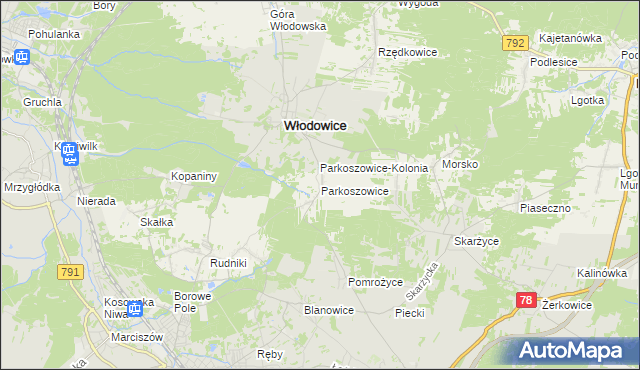 mapa Parkoszowice gmina Włodowice, Parkoszowice gmina Włodowice na mapie Targeo