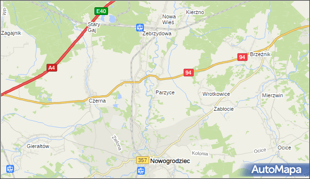 mapa Parzyce gmina Nowogrodziec, Parzyce gmina Nowogrodziec na mapie Targeo