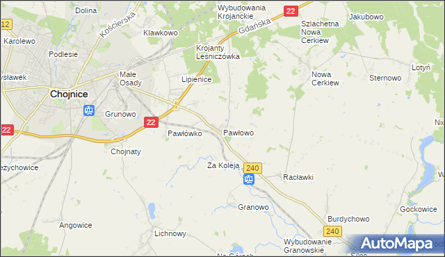 mapa Pawłowo gmina Chojnice, Pawłowo gmina Chojnice na mapie Targeo