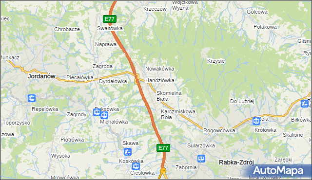 mapa Skomielna Biała, Skomielna Biała na mapie Targeo
