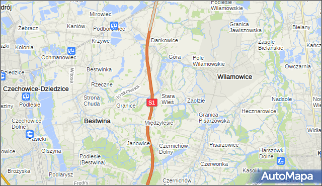 mapa Stara Wieś gmina Wilamowice, Stara Wieś gmina Wilamowice na mapie Targeo