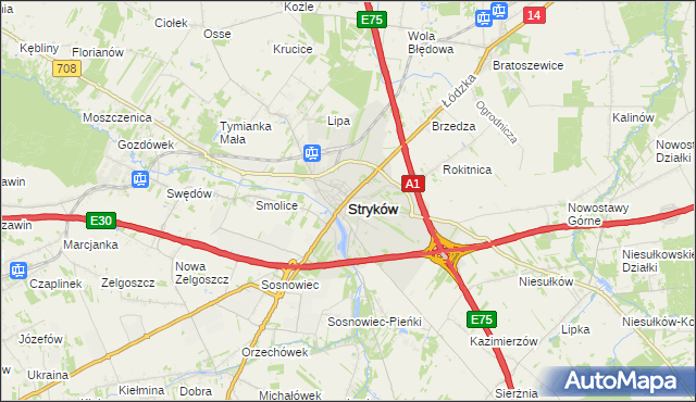 mapa Stryków powiat zgierski, Stryków powiat zgierski na mapie Targeo