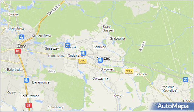 mapa Suszec powiat pszczyński, Suszec powiat pszczyński na mapie Targeo