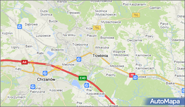 mapa Trzebinia powiat chrzanowski, Trzebinia powiat chrzanowski na mapie Targeo