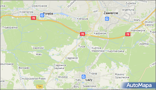 mapa Turza gmina Łazy, Turza gmina Łazy na mapie Targeo