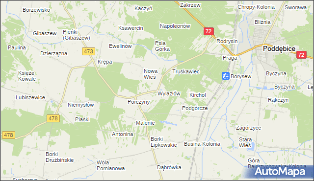 mapa Wylazłów gmina Poddębice, Wylazłów gmina Poddębice na mapie Targeo