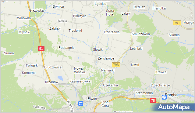 mapa Żelisławice gmina Siewierz, Żelisławice gmina Siewierz na mapie Targeo