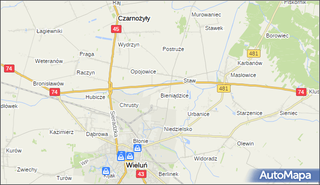 mapa Bieniądzice, Bieniądzice na mapie Targeo